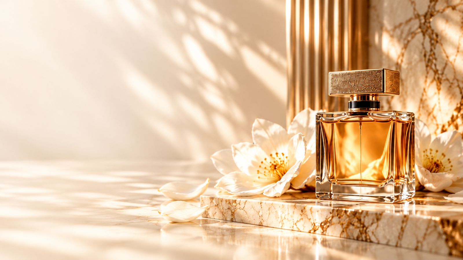 Frasco de perfume âmbar em composição elegante sobre tecido claro